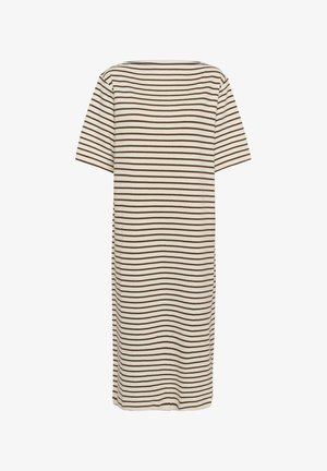Striped dress in light beige with brown horizontal stripes, short sleeves, and a loose fit. Material appears soft and comfortable.