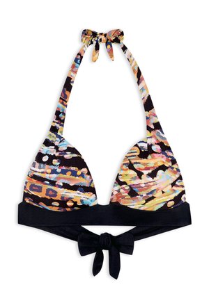 Triangle bikini top featuring a multicolored abstract pattern on a black base, with adjustable straps and a tied back closure.