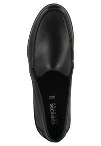 Black leather slip-on shoe with stitched detailing, rounded toe, and a smooth texture; features Geox branding on the insole.
