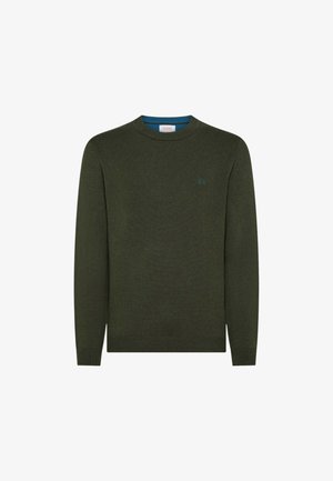 Dunkelgrüner Strickpullover, Rundhalsausschnitt, gerippte Bündchen und Saum, mit einem kleinen blauen Logo auf der Brust. Weiche Textur, klassischer Schnitt.