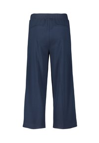 Culotte navy in un tessuto liscio e intrecciato con una vita elasticizzata, dotati di due tasche posteriori e gambe ampie e fluide.