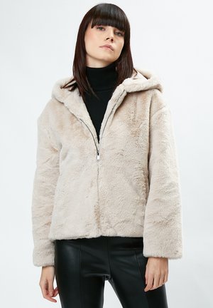 Faux fur hoodie in lichtbeige, met lange mouwen, een ritssluiting aan de voorkant en een relaxte pasvorm. Textuur met een zachte, pluche feel.