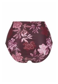 Högt skuren baddräktstrosa i mörk bourgogne med rosa blommönster och gröna blad, med en slät textur och rundad form.