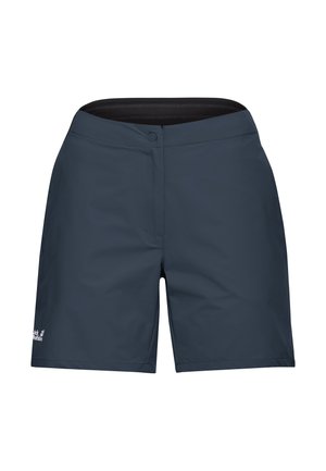 Donkergrijze outdoor korte broek met knoopsluiting en Jack Wolfskin-logo op de linker been, weergegeven tegen een witte achtergrond.