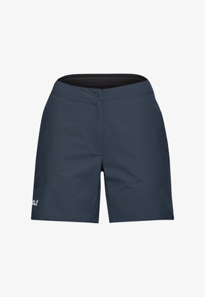 Dunkelgraue Outdoor-Shorts mit Knopfverschluss und Jack Wolfskin Logo am linken Bein, vor weißem Hintergrund präsentiert.