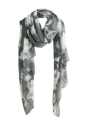 Bufanda ligera gris con un patrón floral en tonos blancos y grises más oscuros. Tiene una textura translúcida con bordes suaves y fluidos.