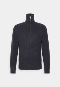 Dunkelgrauer, gerippter Pullover mit hohem Kragen und einem Viertel-Reißverschluss. Weicher, strukturierter Stoff, lange Ärmel und abgerundeter Saum.