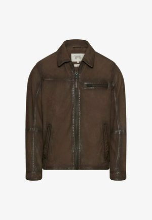 Brązowa skórzana kurtka z przednim zamkiem błyskawicznym, kieszenią na piersi zamykaną na zamek, dwiema bocznymi kieszeniami oraz klasycznym kołnierzem marki Camel Active.