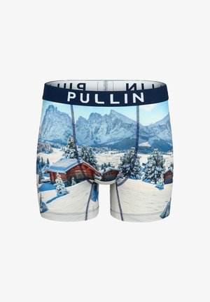 Boxers pour hommes arborant un motif de paysage hivernal avec des montagnes enneigées, des arbres et des chalets ; ceinture élastique bleue avec logo "PULLIN".