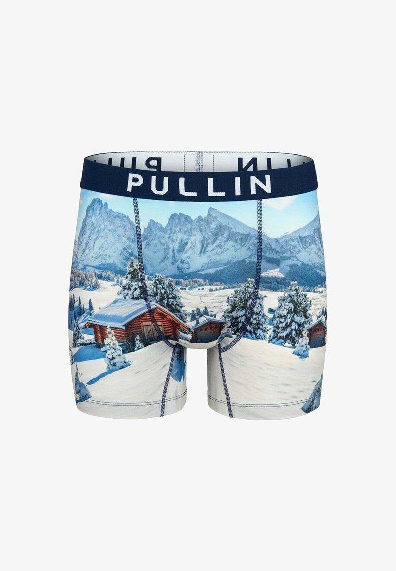 Boxers pour hommes arborant un motif de paysage hivernal avec des montagnes enneigées, des arbres et des chalets ; ceinture élastique bleue avec logo "PULLIN".