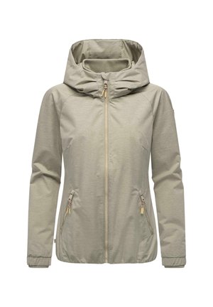 Veste à capuche gris clair avec une fermeture éclair à l'avant, deux poches latérales et des poignets élastiques. Tissu lisse avec une texture subtile.