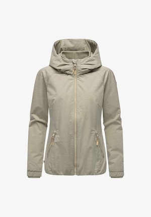 Giacca con cappuccio grigio chiaro, dotata di zip frontale, due tasche laterali e polsini elasticizzati. Tessuto morbido con una leggera texture.