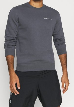 Mann trägt einen dunkelgrauen Champion Langarmpullover und schwarze Under Armour Shorts vor einem einfarbigen Hintergrund.