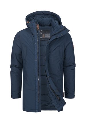 Marineblauwe geïsoleerde jas met een capuchon, rits aan de voorkant, knopensluiting en twee zijzakken. Heeft een gewatteerd interieur en verstelbare manchetten.