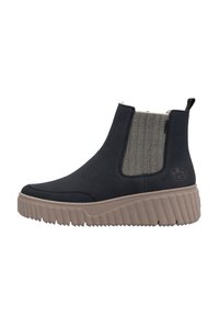 Bottines noires avec des panneaux latéraux élastiques, un talon texturé et une semelle épaisse beige. Fabriquées en matière synthétique lisse avec un accent en chevrons.
