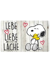 Snoopy-Illustration, die Woodstock umarmt, auf einem Holztextur-Hintergrund mit dem Text "LEBE LIEBE LACHE" in schwarzen und roten Herzen.