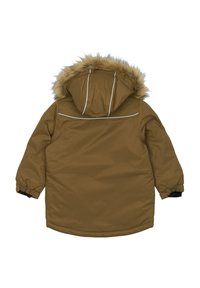 Rjava parka z kapuco obrobljeno s krznom, elastičnimi manšetami in odsevnimi poudarki. Vodoodporen material, srednje dolga zasnova in gladka tekstura.