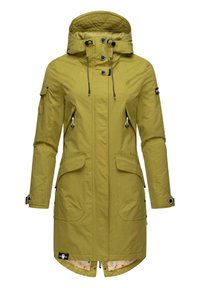 Olijfgroene parka jas met capuchon, knoopsluitingen, vier zakken en een patroon binnenvoering. Heeft verstelbare manchetten en een taillekoord.