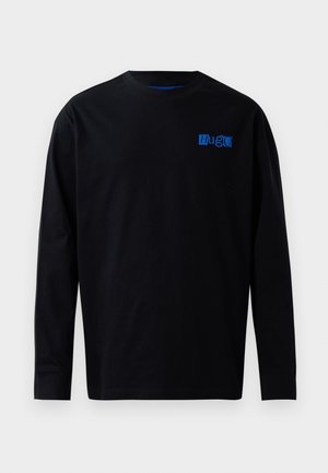 Schwarzes Langarm-T-Shirt aus Baumwolle mit einem blauen Logo auf der Brust. Einfaches Design mit rundem Halsausschnitt und geradem Schnitt.