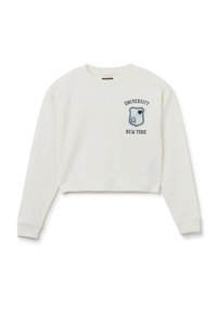 Witte cropped sweatshirt met een textuurpatroon, geribde manchetten en een geborduurd embleem met "University New York" en symbolen.