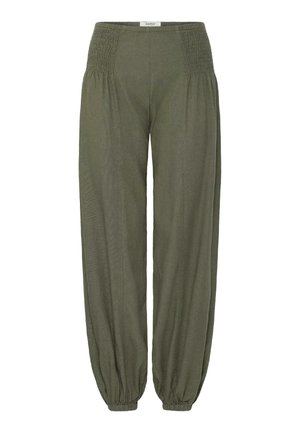Voľné nohavice olivovo zelenej farby s elastickým pásom s nariasením a elastickými manžetami na členkoch.