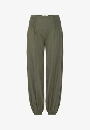 Pantaloni verde oliva a taglio ampio con vita elasticizzata arricciata e polsini elastici raccolti alle caviglie.