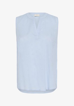 Svetle modrá bezrukávová blůza s V výstřihem a jemným vzorem ve tvaru srdce, vyrobená z lehkého materiálu, s volným střihem a zaobleným lemem.