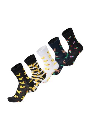 Five pairs of colorful socks with patterns of yellow rubber ducks, bananas, pink flamingos, and multicolored ice cream cones on white and dark backgrounds.