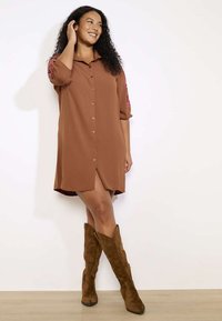 Robe chemise marron avec broderie sur les manches et un ourlet asymétrique, complétée par de hautes bottes en daim marron. Texture lisse.