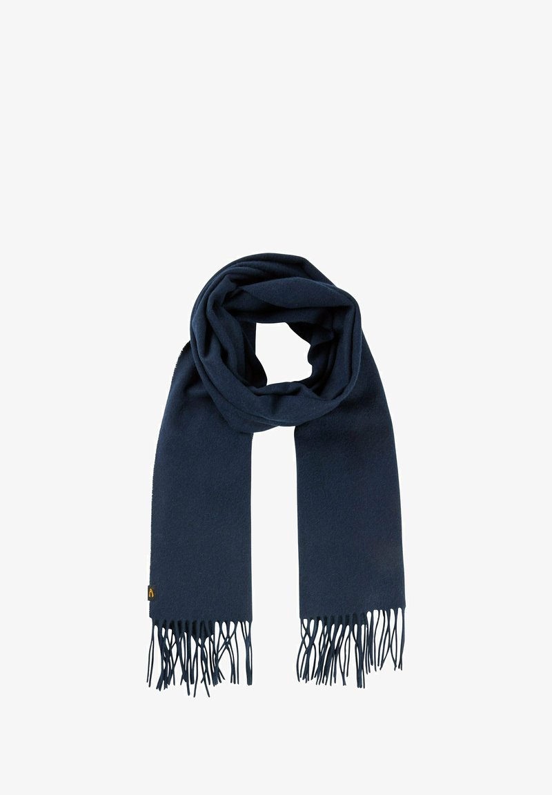 Marineblauwe sjaal van zachte stof; heeft franjes aan de randen en een eenvoudig ontwerp. Gladde textuur geschikt voor warmte en comfort.