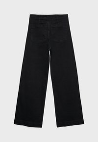 Pantalon noir à jambes larges, taille haute et deux poches plaquées à l'arrière, présenté à plat sur un fond clair.