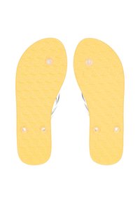 Gule flip-flops med teksturerte såler og gjennomsiktige stropper. Har sirkulære detaljer på sålen for ytterligere pynt.