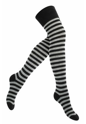 Chaussettes montantes noires et grises rayées avec une texture douce, conçues avec un bandeau élastique en haut pour un ajustement sécurisé.