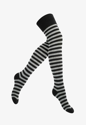 Chaussettes montantes noires et grises rayées avec une texture douce, conçues avec un bandeau élastique en haut pour un ajustement sécurisé.