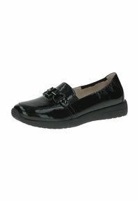 Mocasini negri din piele lațată, cu vârf rotunjit, finisaj texturat, accent decorativ sub formă de cataramă și talpă căptușită pentru confort.