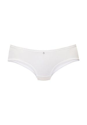 Weiße nahtlose Damen-Slips mit niedrigem Bund und einem kleinen runden Metallanhänger in der vorderen Mitte des Bundes.
