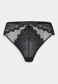 Svart blonde stringtruse med intrikate blomster- og geometriske mønstre, gjennomsiktige sider og solid midje. Myk, delikat tekstur.