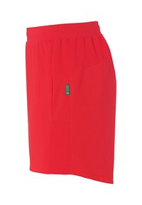 Rode sport shorts met elastische tailleband, zijzak en textuurpanelen voor ademend vermogen. Gemaakt van lichtgewicht synthetisch materiaal.