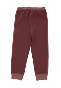 Mørkerøde sweatpants lavet af blød stof, med en elastik i taljen og manchetter i en let mørkere rød nuance. Enkelt design uden yderligere mønstre eller hardware.