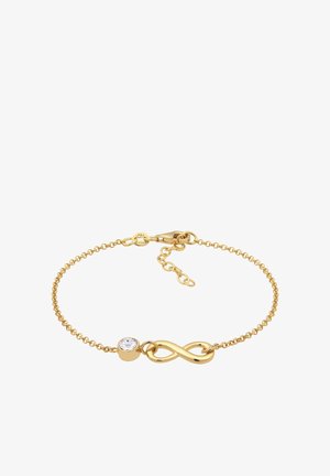Goldkettchenarmband mit Unendlichkeitssymbol und kleinem, rundem, klarem Edelstein-Anhänger, Karabinerverschluss und verstellbaren Gliedern.