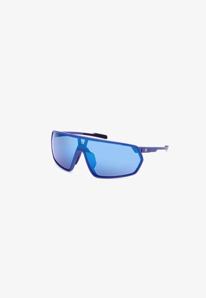 Ochelari de soare sport cu lentile mari, unghiulare, de culoare albastră, și un cadru din plastic violet închis, având o textură aderentă pe brațe.