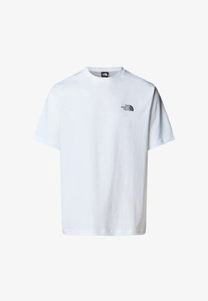 Bílá bavlněná tričko s krátkými rukávy, s malým černým logem na levé straně hrudi. Klasický kulatý výstřih, standardní střih.