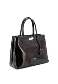 Borsa a spalla in pelle verniciata nera con forma strutturata, doppi manici, dettagli in metallo dorato e un'etichetta sospesa.