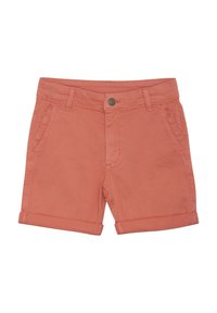 Koraalgekleurde katoenen shorts met opgerolde zoom, voorzien van voorzakken en een knoopsluiting. Glad textuur en rechte pasvorm.