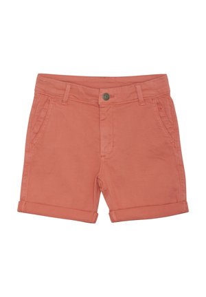 Shorts en coton corail avec ourlets retroussés, dotés de poches avant et d'une fermeture à bouton. Texture lisse et coupe droite.