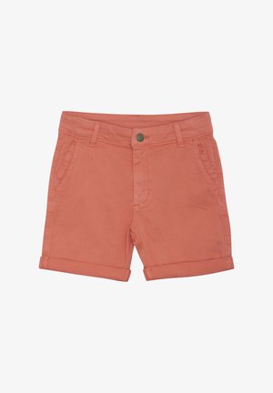 Coral cotton shorts with rolled hems, featuring front pockets and a button closure. Smooth texture and straight-leg design.