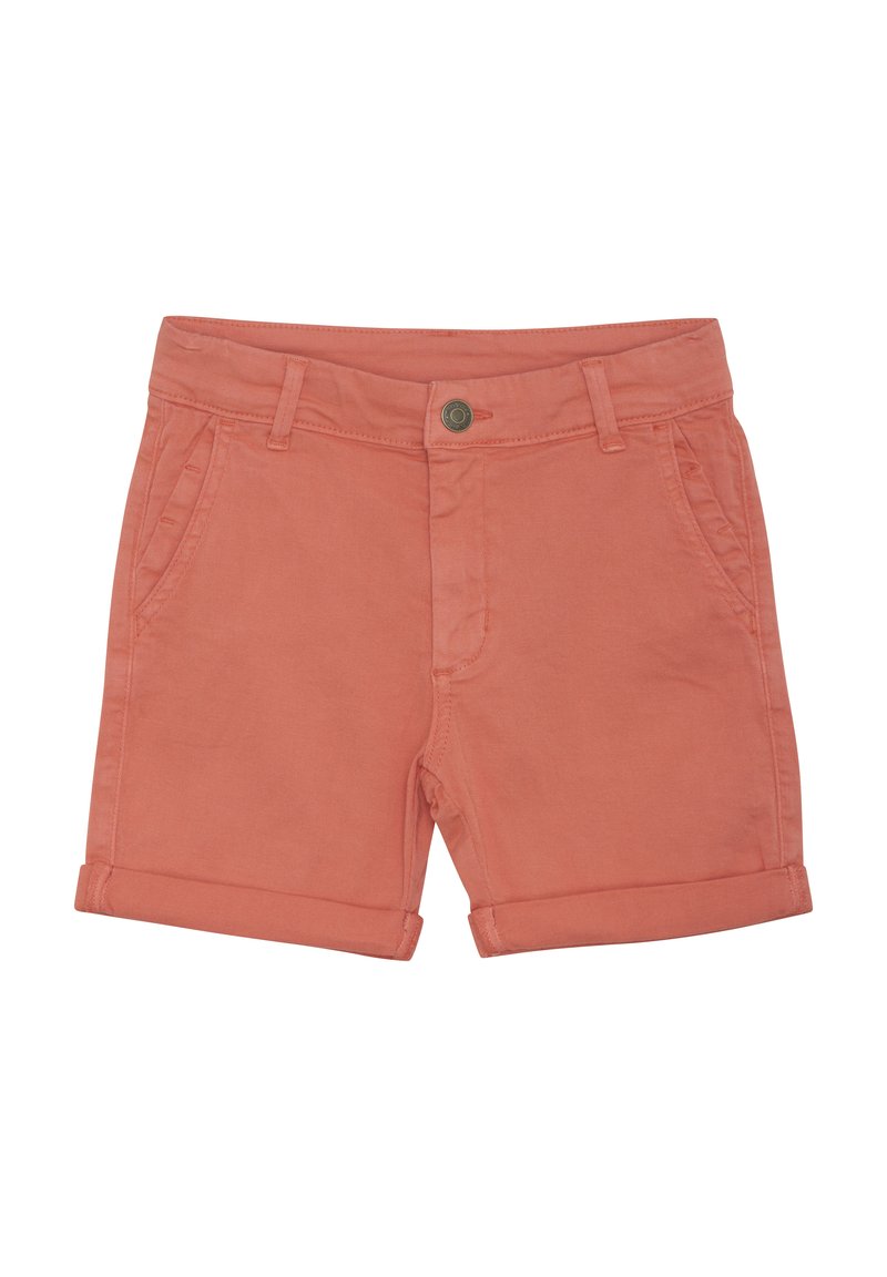 Koraalgekleurde katoenen shorts met opgerolde zoom, voorzien van voorzakken en een knoopsluiting. Glad textuur en rechte pasvorm.