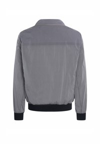 Lightweight, grey bomber jacket with a collar, elastic cuffs, and a textured, perforated upper section. Features a fitted waist.