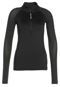 Haut de performance noir à manches longues avec un col à demi-fermeture éclair, doté d'accents en maille texturée sur les bras et d'un logo réfléchissant sur la poitrine.