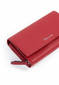 Red leather wallet with a textured finish, featuring a zipper closure and a silver logo accent. Folded design with multiple compartments.